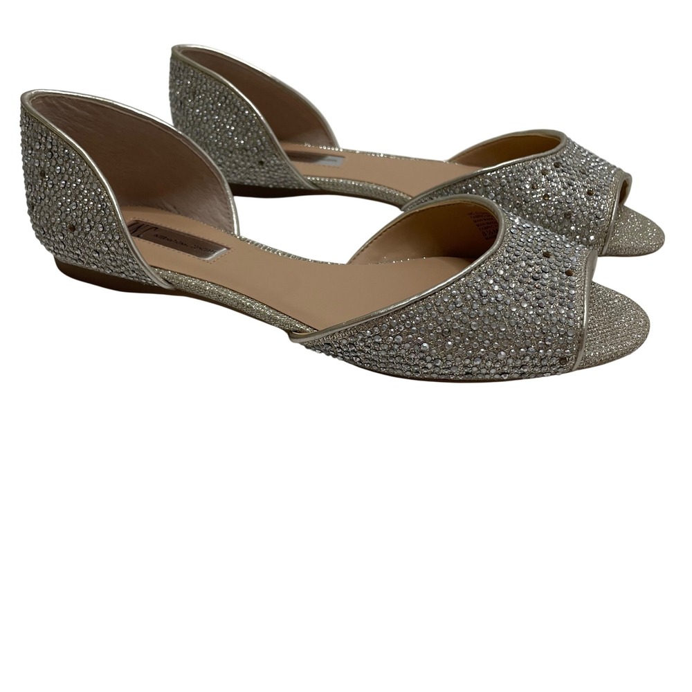 INC Rhinestone Peep Toe D'Orsay Flats Gold Silver Sandal 8.5 Glam Bridal Wedding